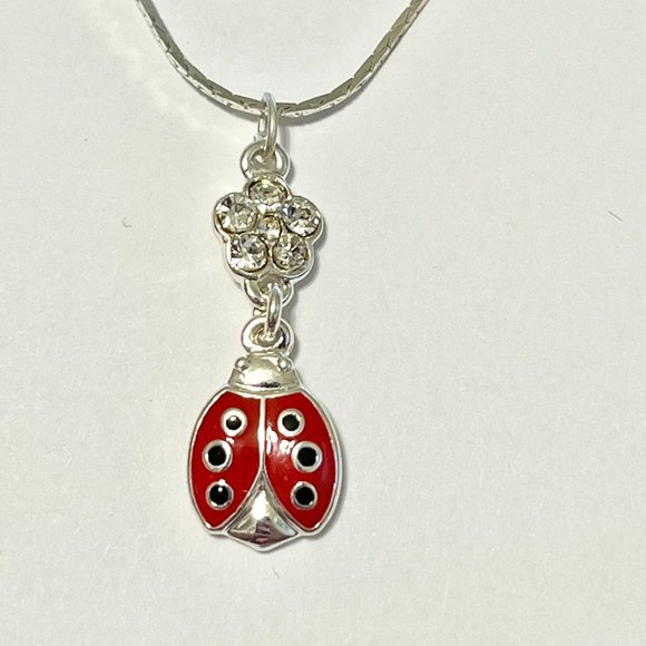 Silver Red Ladybug Pendant Necklace Crystal Plated 18" Chain Insect Enamel - Picture 9 of 12